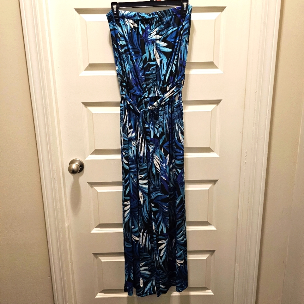 Tropical Leaf Print Halter Jumpsuit Wide Leg